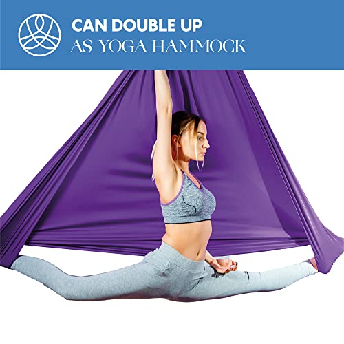 Aerial Silks Starter Kit, 9 Yards, Aerial Yoga Hammock, Hardware | Knitted fabric with pose guide, for aerial yoga, gymnastics, silk swing, stretching and home gym use, suitable for all levels - color: Royal Purple
