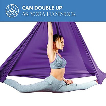 Aerial Silks Starter Kit, 9 Yards, Aerial Yoga Hammock, Hardware | Knitted fabric with pose guide, for aerial yoga, gymnastics, silk swing, stretching and home gym use, suitable for all levels - color: Royal Purple