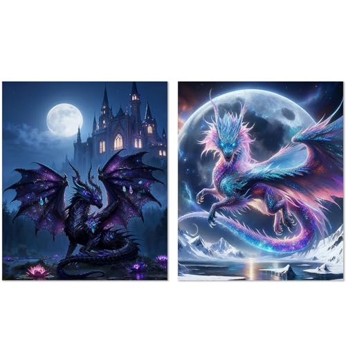 XUNLURY Dragon Diamond Art Kits 2 Pcs, Fantasy Neon Dragon Full Moon Castle Diamond Painting Kits for Adults Beginners, Full Drill Diamonds Dots for Home Decor, 9.8x11.8 Inch - color: color_4, size: 10 x 11.8 inches
