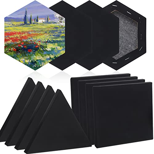 Epakh 12 Pcs Black Canvas for Painting Stretched Canvas Cotton Square Triangle Hexagon Blank Boards Panels Art with Frame Panel Stretched Boards for Oil Acrylic(6 Inch) - size: 6 Inch