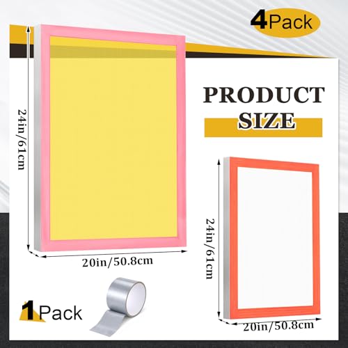 4 Pack Screen Printing Kit for Beginners, Aluminum Frames with 110 & 200 Mesh for T-Shirt Printing, Pre-Stretched Silk Screens for Craft DIY Fabric & Print (20 x 24 Inch, 10 x 14 Inch)