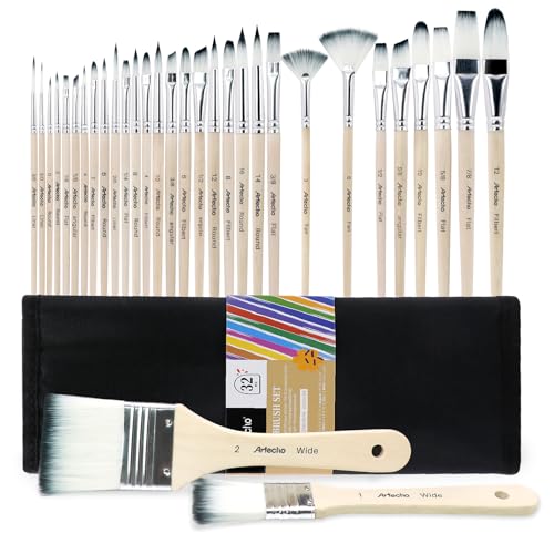 Artecho 32 Pcs Acrylic Paint Brushes Set with Case | Artist Painting Supplies Kit, Professional Painting Tools For Oil Watercolor Gouache Canvas