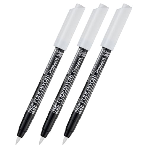 Kuretake ZIG FUDEBIYORI PIGMENT Milky White 3 pens set, For Lettering, Illustlation, AP-Certified, Flexible Hard brush tip, Effective on black paper, Professional quality, Made in Japan - style: 3 pcs Set(White)