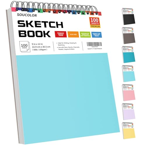 Soucolor Sketch Book 9x12,Thick Drawing Paper Pad School Art Supplies | 100 Sheets Thick 68lb/100gsm Acid-Free Paper,Blank Drawing Pad for Artists,Students,Kids,Notebook for Pencil,Charcoal,Pastel - color: Blue, size: 9" x 12" (Pack of 1)