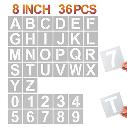YEAJON 36 Pcs Letter Stencils and Numbers, Alphabet Craft Stencils, Reusable Plastic Stencils for Painting on Wood, Wall, Fabric, Rock, Chalkboard, Signage, DIY School Art Projects (8 Inch) - size: 8 Inch
