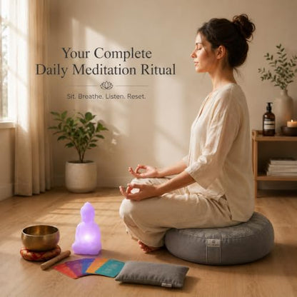 Meditation Cushion Set with Buckwheat Zafu Pillow, Meditation Starter Kit | Meditation Starter Kit with Buckwheat Zafu Cushion, Breathing Light, Singing Bowl & Eye Pillow for Mindfulness