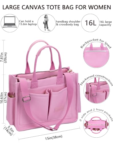 ZHMO Canvas Tote Bag for Women,Women's Bags Crossbody Bags Work Laptop Tote Bag Large Handbags Purse for Travel Nurse Teacher - color: New Upgrade Plus Pink With Compartments and Inner Cup Holders