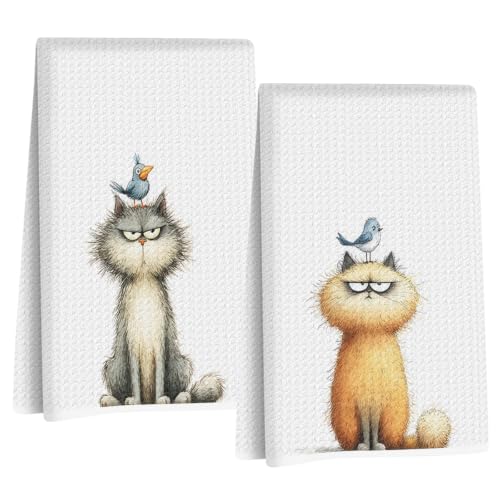 2 Pcs Funny Cat Kitchen Towels, Cute Cats Gifts Reusable Hand Towels-04 | Cat Dish Cloths for Drying Dishes, Cats Waffle Dish Towels for Kitchen Bathroom Decor, Cat Lover Gifts for Women Mom Grandma - color: Multi 1635
