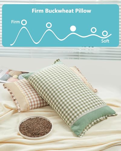 Cooling Buckwheat Pillows for Sleeping,23.6"x13.7" Rectangular Cervical Neck Pillow with Decorative Trim, Adjustable Buckwheat Hulls Filling for Neck Shoulder Support, Washable Cover,Green
