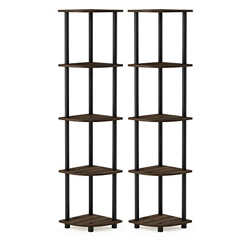 Furinno TURN-N-TUBE Corner Shelf Set of 2, 5-Tier Corner Bookshelf, Open Storage Shelves, for Organization and Storage, Living Room, Home Office, Garage, Columbia Walnut - color: Columbia Walnut/Black, size: 5-Tier Round Tube (Set of 2)