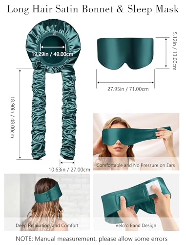 Satin Bonnet for Sleeping with Eye Mask，No Slip Sleep Bonnet with Long Curling Ribbons for Braids & Long Hair - color: Green
