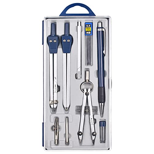 Unjoo 9Pcs Precision Geometry Set Metal Compass,Geometry Tool Set (Blue) | Shatterproof Storage Box, Circle Drafting Tool and Architecture, Drafting Kits for Engineers Students - color: Blue