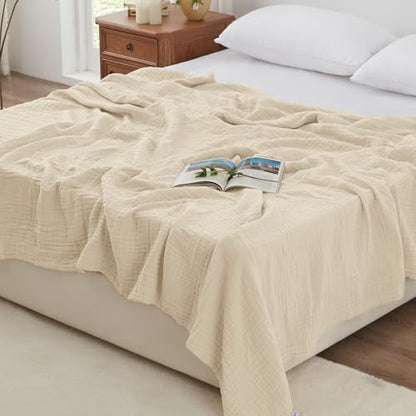 Love's cabin 100% Cotton Muslin Blanket, 6 Layer Lightweight Breathable Gauze Queen Size Blanket 90 x 90 Inches, Soft All Season Blanket for Bed, Beige - color: Beige, size: Queen(90"x90")