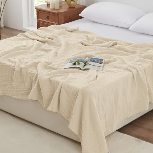 Love's cabin 100% Cotton Muslin Blanket, 6 Layer Lightweight Breathable Gauze King Size Blanket 108 x 90 Inches, Soft Summer Blanket for Bed, Beige - color: Beige, size: King(108"x90")