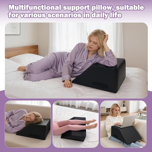 Massage Table Bolster Pillow for Leg Support,Durable 30D Foam with Easy-Clean PUCover,Trapezoidal Elevating Leg Wedge for Physical Therapy 20.4 x 18.5 x 9 Inch(Black)