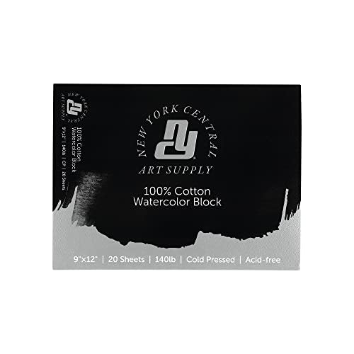 New York Central Watercolor Block, 140lb/300gsm Cold Press 9x12, 20 Sheets, Archival Watercolor Paper for Artists, Students, Gelatin Sized, Durable Water Color Paper, Suitable for Wet and Dry Media - size: 9x12"