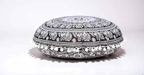 CRAFT KALA 22" Round Mandala Boho Pillow Cover Meditation Room Seating Poufs Cover for Living Room Yoga Room Home Bedroom Balcony Garden Party Decoration Cotton Floor Cushion Cover 22", B & W Elephant - color: Black and White Elephant, size: 22"