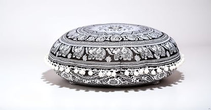 CRAFT KALA 32" Large Round Bohemian Floor Pillow Cover Boho Pouf Cover Mandala Meditation Room Pillows Cover Adults Seating Poufs Cushion Cover for Kids Reading Playroom Black Elephant Flower - color: Black and White Elephant