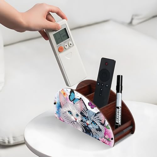 DIY Diamond Painting Storage Box Couple Cats, Handmade 5D Diamond Art Case Multi-Compartment Wooden Desktop Organizer for TV AC Remotes Makeup Brushes Pens Tabletop Holder, Valentine's Day Gift - color: Elegant Cats