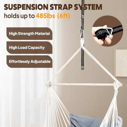 Chihee Hammock Chair Foot Rest 2 Cushions Max 485 lbs Metal Spreader Bar | Robust Hanging Chair Soft Cotton Blended Swing Collapsible Easy Storage Strong Strap Iron Carabiner Pocket Indoor Outdoor - color: Light Grey