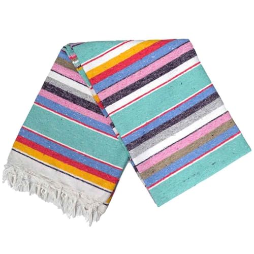 Open Road Goods Authentic Mexican Serape Blanket – 100% Cotton Falsa Throw - Multi-Color Handmade Blanket/Classic Striped Falsa Beach Blanket (Mint Pastel) - color: Mint