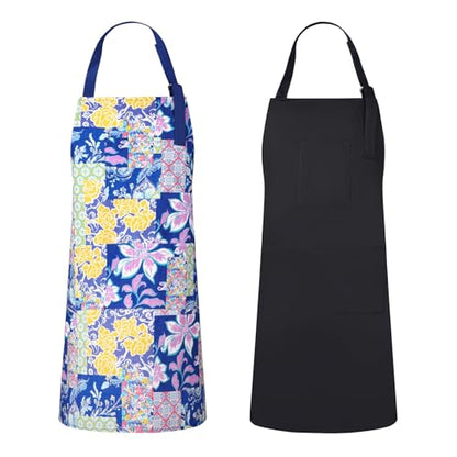 2 Pack Bid Aprons, Adjustable Kitchen Apron with 3 Pockets, Chef Works Apron. - color: Navy Flower