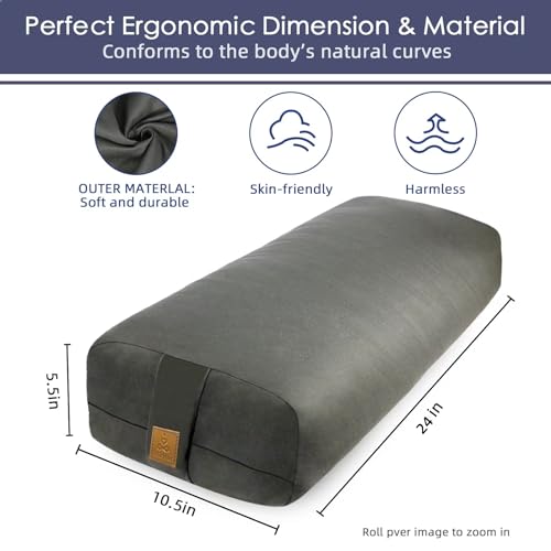 Organic Buckwheat Bolster (24X10.5X5.5 in) Supportive Rectangular Meditation Pillow 100% Cotton Cover Yoga Pillow - color: Green