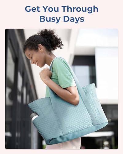 BAGSMART Crush Tote Bag for Women, 20L Puffer Work Tote with Zipper, Travel Essentials Quilted Nurse Hospital Bag - color: Baby Blue