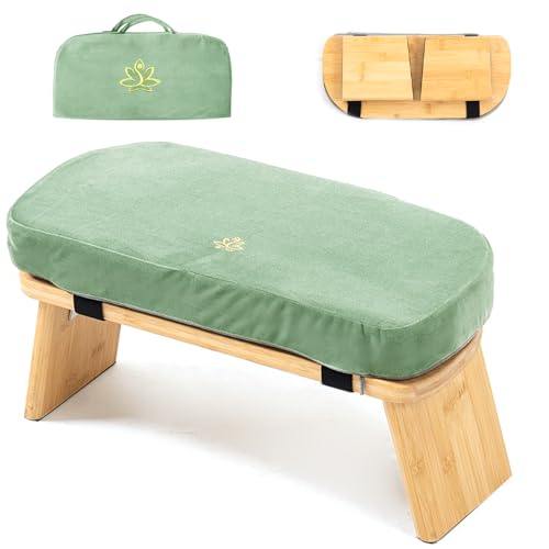 Bamboo Meditation Bench, Foldable Prayer Stool (Green-Bag) | Meditation Kneeling Bench, Seiza Prayer Bench, Prayer Bench with Meditation Cushion, Kneeling Prayer Stool for Home - color: Green-bag