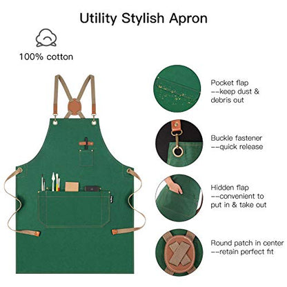 Chef Apron with Cross Back Straps for Men Women, Cotton Canvas Apron for Artists Painting, Kitchen Cooking - color: Green, 6pack