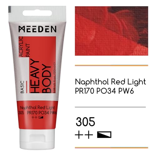 MEEDEN Acrylic Paint Naphthol Red Light: 100ml/3.38oz with Titanium White | Heavy Body Artist Acrylic Paint Set for Canvas, Wood & Craft, Non-toxic Creamy Art Paint with Titanium White for Mixing - color: Naphthol Red Light, size: 2 Tubes