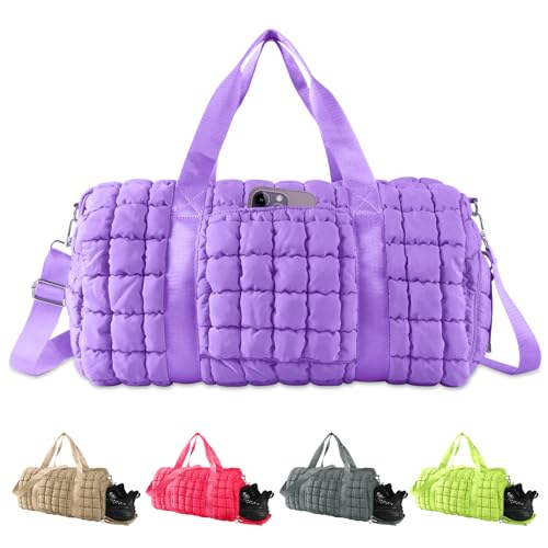 Quilted Travel Duffle Bag Gym Bag for Women,Large Puffer Duffle Weekender Bag with Compartment,Workout Overnight Carry on Organizer Bag Duffle Bag for Airplane Travel(Purple) - color: Purple, size: Medium