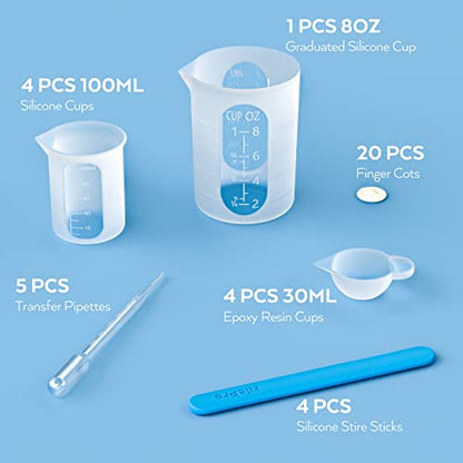 Silicone Resin Measuring Cups Tool Kit- Nicpro 250 & 100 ml Measure Cups, Silicone Popsicle Stir Sticks, Pipettes, Finger Cots for Epoxy Resin Mixing, Molds, Jewelry Making, Waxing, Easy Clean - color: White, size: 250ml+100ml
