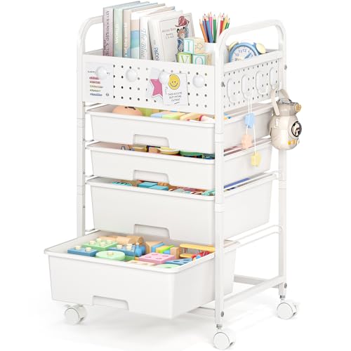 SYKIARIOL 4 Drawer Rolling Storage Cart with Pegboard Top and Hooks, White | Mobile Organizer Cart with Wheels for Office Supplies, Craft Storage, Classroom Organization, Home Utility Cart - color: White, size: 4-Drawers