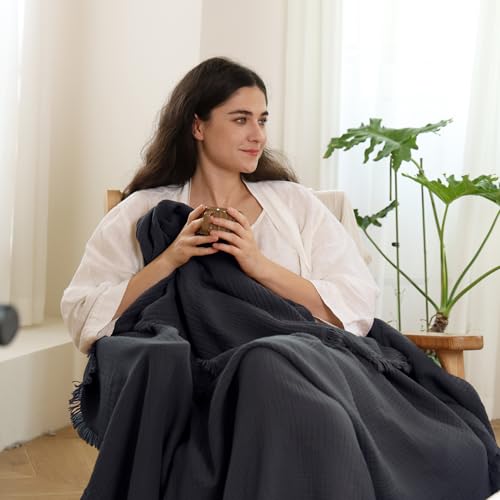 MooMee 100% Cotton Muslin Blanket, Fringed 4-Layer Gauze Bed Couch Throw - color: Dark Grey, size: Twin XL