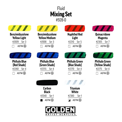 GOLDEN Fluid Acrylics Mixing Set, 10 x 30 ml Bottles | Mix an extensive range with this limited palette of flowing, richly pigmented artist grade colors.