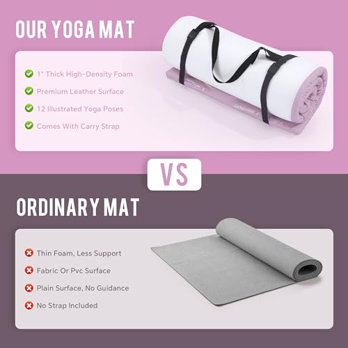 MABOZOO 1 Inch Thick Kids Yoga Mat with 12 Printed Poses - Non-Slip PU Leather Exercise Mat for Children - Safe Material Workout Mat for Home, School (60" x 24", Pink)