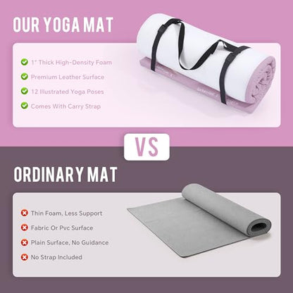 MABOZOO 1 Inch Thick Kids Yoga Mat with 12 Printed Poses - Non-Slip PU Leather Exercise Mat for Children - Safe Material Workout Mat for Home, School (60" x 24", Pink)