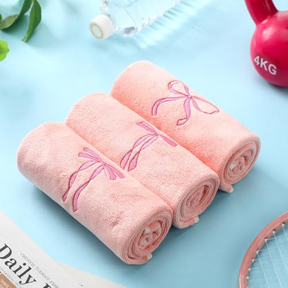Tegeme 3 Pcs Bow Microfiber Gym Towels Coquette Embroidered Bow Bigger Size Soft Quick Drying Towels 14 x 31 Inches for Gym Exercise Fitness Sports Workout Spa Bathroom Kitchen Women Gifts