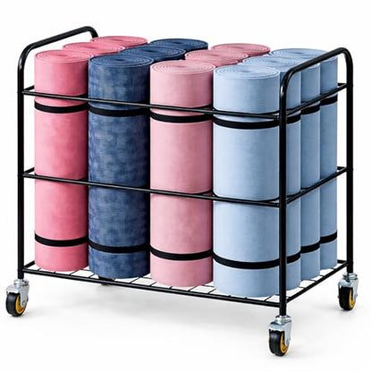 MyGift Yoga Mat Storage Rack with 4 Caster Wheels, Matte Black Rolling Yoga Mat Holder for Floor Workout Exercise Gym, Foam Roller Organizer