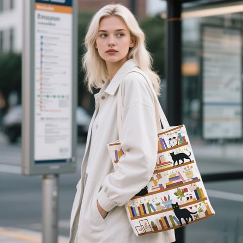 Aesthetic Canvas Tote Bag for Women - with Magnetic Snap Closure & Zipper Inner Pocket Reusable Bag for Shopping - color: Bookshelf Cat