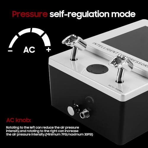 Smart Airbrush Compressor for Precision Detail Work, 7–30 PSI Adjustable Pressure, Real-Time Digital Display, Ultra-Quiet 40dB, 1/8" Outlet, for Modeling, Nail Art, Cake Decorating