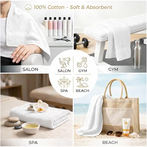 HOME ESSENTIALS Salon Towels (15 x 25 inches) 24 Pack, White Hand Towels for Bathroom, Quick Dry Gym Towels, Spa Face Towel, Absorbent Cotton Towels for Barber, Gym, Bath, Pedicure and Home Hair Care - color: White