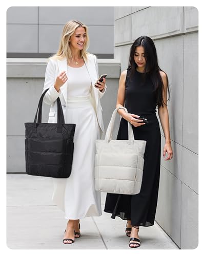 BAGSMART Puffy Tote Bag for Women, Lightweight Work Tote Handbag - color: Dark Black, size: Standard