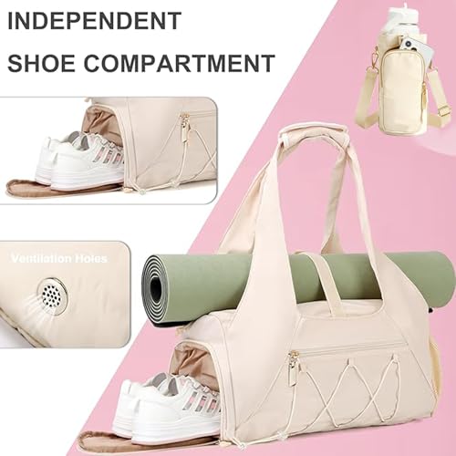 Gym Bag for Women, Yoga Mat Bag with Shoe Compartment and Wet Pocket, Sport Yoga Gym Bag with Yoga Strap, Carryall Yoga Tote Bag - color: Beige