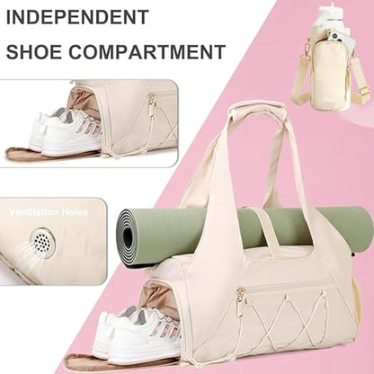 Gym Bag for Women, Yoga Mat Bag with Shoe Compartment and Wet Pocket, Sport Yoga Gym Bag with Yoga Strap, Carryall Yoga Tote Bag - color: Beige