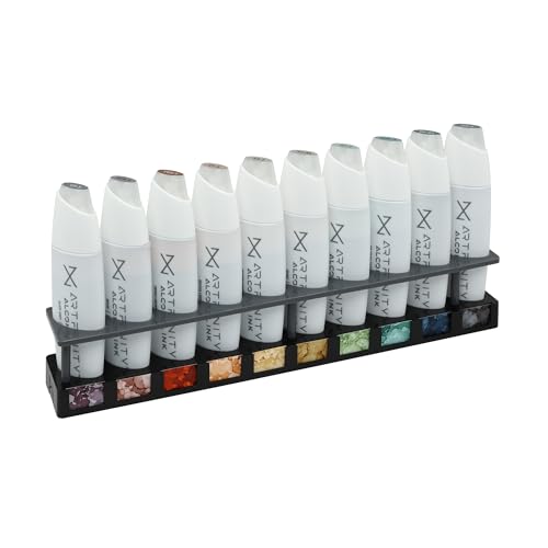 Artfinity Alcohol Ink 90's Grunge Set of 10 Colors (25 ml) with Free Acrylic Stand - for Painting or Alcohol Marker Refill Ink, Acid-Free, Fast-Drying, Permanent, Transparent, Swatch Template - color: 90's Grunge
