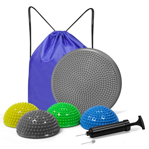 biguphate Wobble Cushion Set with Hedgehog Balance Pods & Pump | Inflatable Wiggle Disc & Stepping Pads For Adults. Ideal for Core Body Balance Training, Stability & Fitness. - color: Grey
