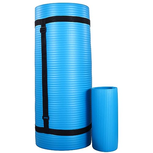 BalanceFrom 71x24 Inches Yoga Mat with Knee Pad and Optional Blocks – Extra 1-Inch Thick Non-Slip Foam with Anti-Tear Surface and Carrying Strap for Home, Studio, or Gym Workouts - color: Blue, style: Mat & Knee Pad