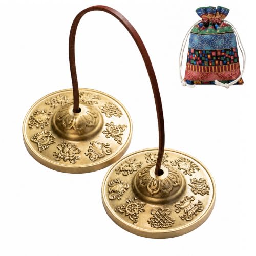 Tibetan Meditation Bell, Brass Tingsha Cymbals with Cloth Bag - size: Eight Symbols